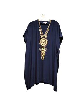 Lilly Pulitzer Womens XXS/XS Kaftan Dress Rayon Navy & Gold Embroidered
